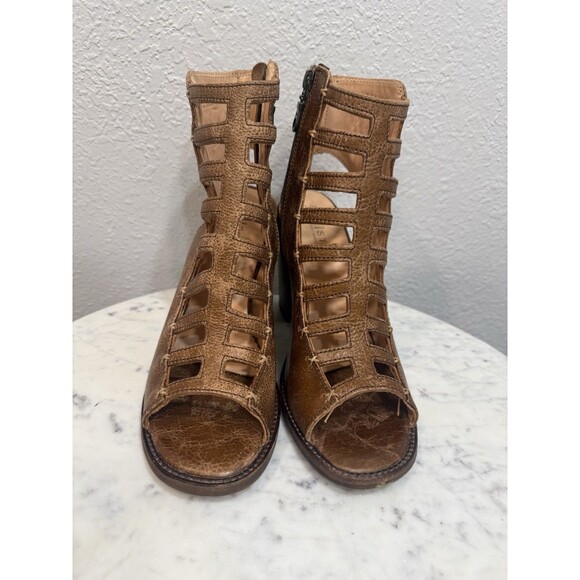 Bed|Stü Women's Gladiator Sandals Brown Leather Peep Toe Booties Zip organic - Picture 2 of 9